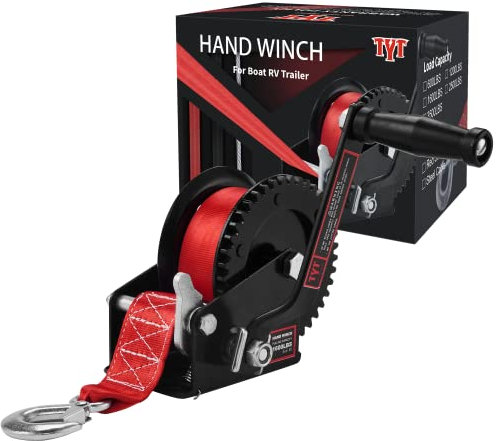 TYT 1600lb Boat Trailer Winch with 8M Red Strap, 2 Way Ratchet Hand Crank Strap Winch with Strong Hook, Heavy Duty Steel Construction Manual Gear Winch for RV Jet Ski Boat Trailer Towing Pulling Winch