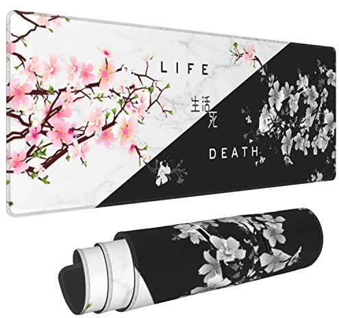 Gaming Mauspad Schwarz und Weiß Kirschblüte Marmor XXL XL Große Matte Lang Verlängert Mousepad Schreibtischunterlage Rutschfeste Gummi Mäuse Pads Genähte Kanten 31,5 X 30,5 cm (Schwarz und Weiß