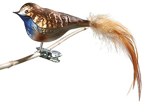 Birds of Glass® Glas-fågel, blåhake med naturfjäder | glasssmycke tillverkad i Tyskland från vår egen produktion | dekorativ fågel med klämma, glasfågel, äkta lauschaer julgransdekoration, inomhus