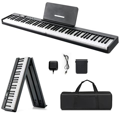 DREAMADE Clavier Électronique Pliable avec 88 Touches Lumineuses LED, Piano Numérique avec Sac de Rangement et Pupitre, Écran LCD, avec 2 Modes d’Enseignement (Noir)