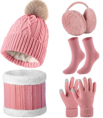 SATINIOR 5 Pcs Winter Hat Scarf Gloves Set Fleece Warm Lined Knit Beanie Hat Touch Screen Earmuff Gloves Warmer for Women(Pink,Rhombus Pattern)
