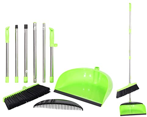 K-ONE Dustpan and Brush Set with Soft Bristle Broom Long Handled Brush Floor Sweeper Set Household Dust pan for Indoor Office Cleaning and Sweeping (Green)
