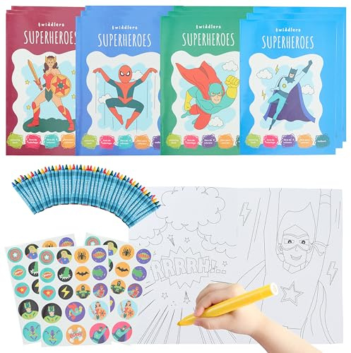 THE TWIDDLERS 12 Mini Malbücher für Kinder mit Buntstiften und Aufklebern, A5-Format - Superhelden-Designs, Partygeschenke für Kinder von 4-8 Jahren, Malbuch Mitgebsel