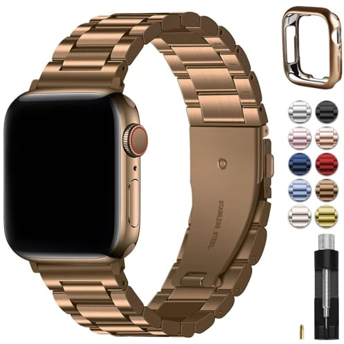 Fullmosa Compatible with Apple Watch Straps 40mm 41mm 38mm, Metal Stainless Steel Replacement Bands for iWatch SE 3/2/1 Series 9/8/7/6/5/4/3/2/1, Gold and Coffee & Protective Case