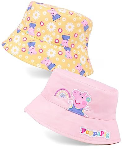 Peppa Pig Wende-Fischerhut Mädchen | Kinder Kleinkinder Rosa Gelbe Blumen Tier Charakter Sonnenkappe | Animierte TV-Serien Merchandise Geschenke