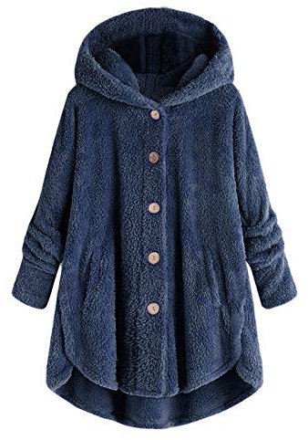 EMATOP Plüschjacke Damen Lässige Fleece Jacke Winter Warm Kapuzenjacke mit Kapuze Teddy Fleecejacke Flauschig Kuschelig Wintermantel Lang Einfarbig Fellmantel mit Taschen Mantel Kapuzenpullover