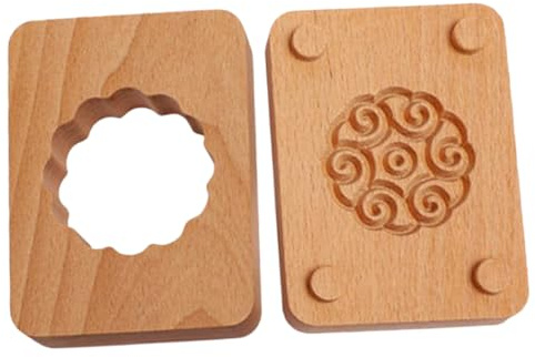 OUNONA Wooden Hand Press Moon Cake Mold Baking Tool with Convenient Demould and Distinctive Pattern for Cake Making and Baking Khaki Two-Layer Pastry Mold