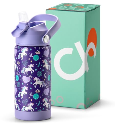 Choco Mocha Children's Water Bottle with Straw for Girls, Thermos Flask Children, Water Bottles for School 400 ml, Leak-Proof, BPA-Free, Purple Unicorn
