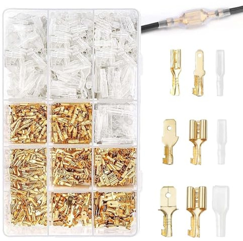 iTYOOS 315 Pieces 2.8mm/4.8mm/6.3mm Male and Female Wire Spade Connectors, Wire Crimp Terminal Block, Electrical Wire Connectors with Insulating Sleeve Kit Brass Plated Gold