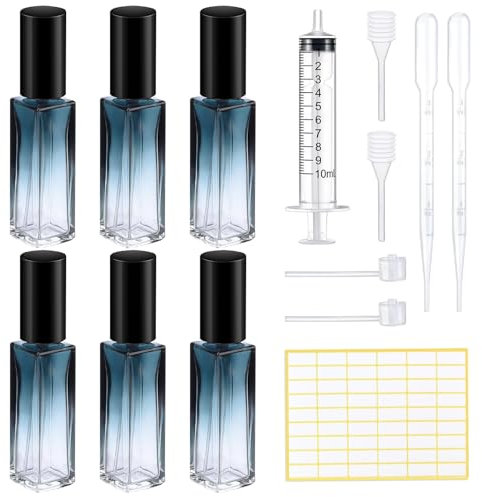 LHOEST 6PCS Perfume Atomizer Refillable 10ml, Portable Spray Bottle Small Glass with Funnel Dropper Label Sticker, Mini Perfume Filler, perfume Atomizer for Men Women, Gradient Blue