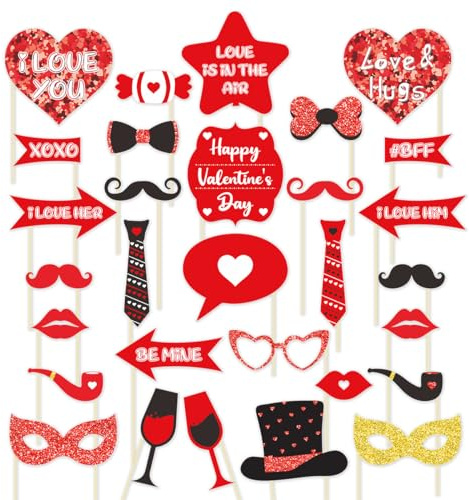 Valentiness Day Photo Booth Props Kit,30Pcs Red Funny Valentines Day Decorations Photo Booth Selfie Props,Party Props for Men Women Lover Valentines Day Party Decorations & Party Supplies
