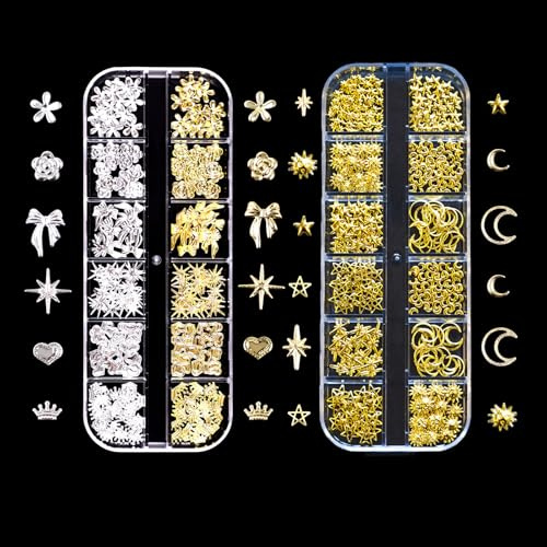 Gold Silver 3D Nail Charms, 2 Boxes 24 Grids Bow Flower Star Gems Studs, Punk Metal Alloy Rivet Stickers Bowknot Nail Art Decorations Accessories for DIY Crafts (Gold Silver)