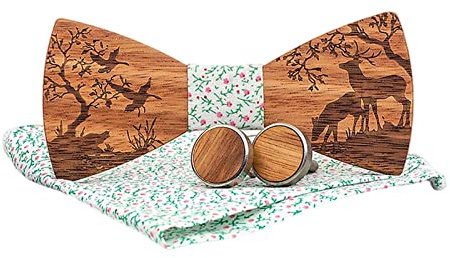 Generisch Holzfliege Herren Handgefertigte Hölz Fliege - Verstellbare Größe - Inkl Manschettenknöpfe, Einstecktuch, Holzfliege mit Elchmuster, Geschenkbox für Hochzeiten, Party, Weihnachten