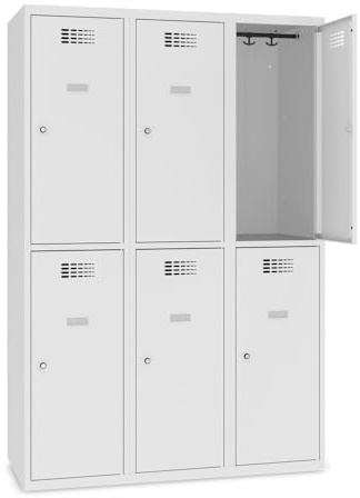 Steinbock Spind 6 Fächer | H180xB120xT50 cm | Lichtgrau | Drehriegelverschluss für Vorhängeschloss | Metallspind inkl. Kleiderstange, Kleiderhaken, Namensschild | Schließfachschrank