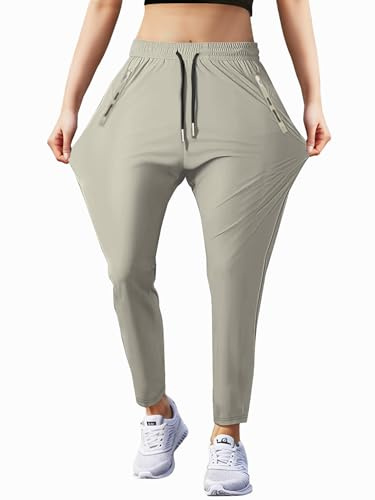Hidkat Women's Sports Jogging Pants with Zipper Pocket Women's Hiking Fitness Tracking Workout Pants Khaki