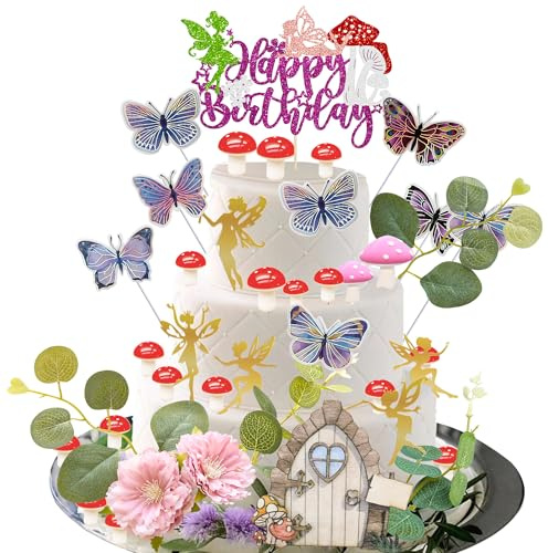 Ephlyn 47Pcs Fairy Cake Toppers Fairy Birthday Cake Decoration Pink Mushroom Door Butterfly Flowers Cake Decoration Fairy Garden Topper for Fairy Baby Shower Party Supplies Purple