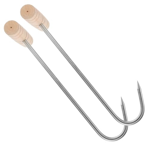Toddmomy 2pcs Wood Handle Meat Hooks T-Shaped Aluminium Alloy Grilling Hooks for BBQ Kitchen Heavy Duty Food Turner for Cooking Smoking and Barbecuing