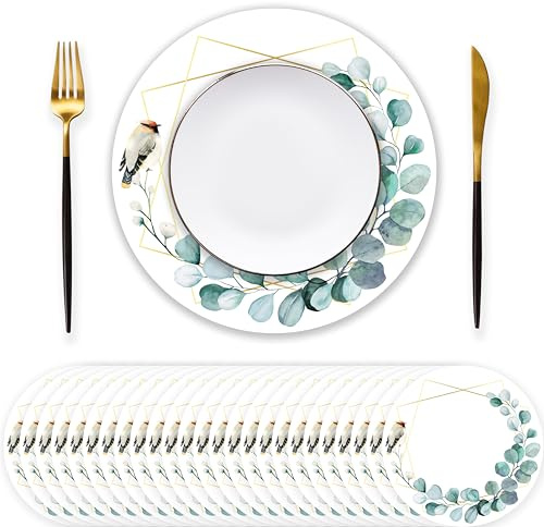 48 Stück Papier-Tabletts, Einweg Runde Tischsets mit Eukalyptusblätter Design, Tischdekoration für Geburtstag, Bankett, Hochzeit, Babyparty, Zuhause Essen