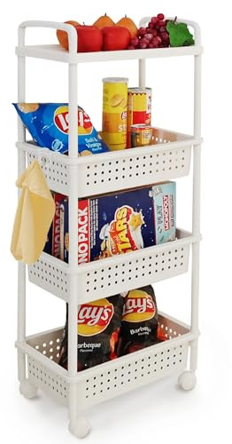 ABBAware Rollwagen mit 3 Körben, 40 x 30 x 100 cm Kunststoff Weiß - Ablagefachwagen/Aufbewahrungswagen mit Rollen für Küche, Bad, Wohnzimmer