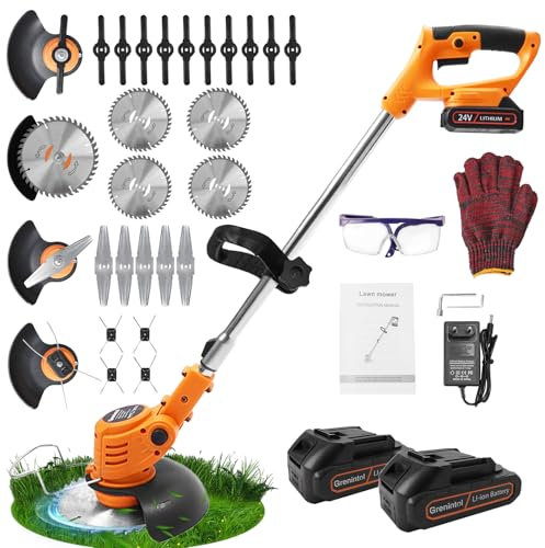 Tagliaerba elettrico a batteria con 4 tipi di coltelli, decespugliatore elettrico con batteria da 2 x 2,0 Ah, tagliabordi con manico regolabile e angolo del, per giardino e prato