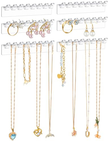 NiHome 6-Pack Wall-Mounted Clear Plastic Jewelry Organizers for Earrings, Necklaces, Bracelets, Rings, Studs, No-Drill Adhesive Installation Racks for Closet, Bathroom, Bedroom, Mirror, Cabinet Doors