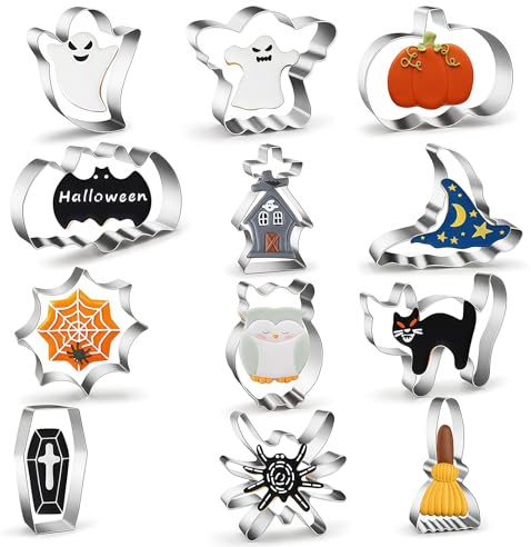 Halloween Ausstechformen Set, 12 Stück Halloween Cookie Cutters Mould Edelstahl, Kürbis Fledermaus Geist Totenkopf Katze Spinnennetz Süßigkeit Hexenhut Keksausstecher für HalloweenParty Dekorationen