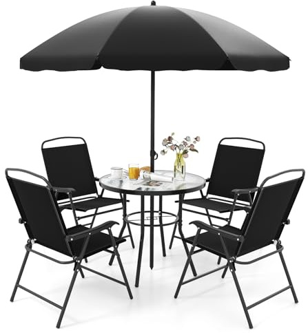KOMFOTTEU Juego de Bistró de 6 Piezas, Conjunto de Muebles con Sombrilla, 4 Sillas Plegables de Tela, Mesa Redonda de Vidrio Templado, Juego de Comedor para Exterior, Patio, Piscina, Balcón