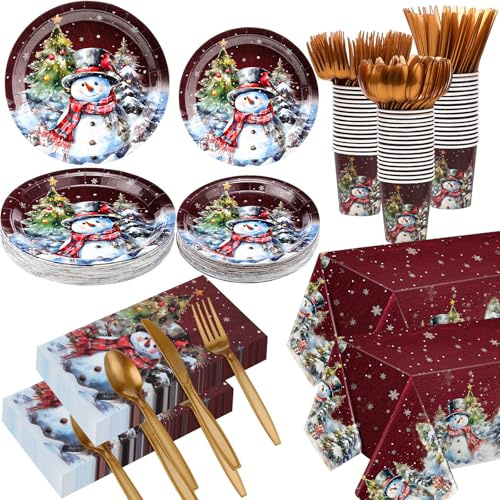 Ziliny 352 Pcs Christmas Snowman Party Supplies Serve 50 Guests Christmas Paper Plates Cup Napkin Plastic Cutlery Tablecloth Holiday Disposable Tableware Set for Xmas Dinner Party Decoration