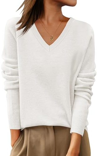 ANRABESS Womens 100% Wool Sweaters V Neck Long Sleeve Work Business Casual Basic Pullover Sweater Tops 2025 Fall Outfits Beige Medium