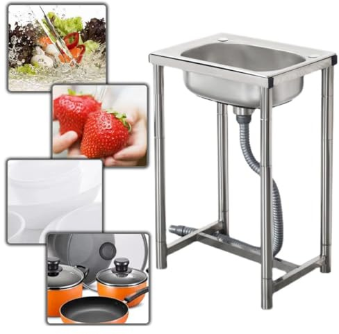 Lavello da cucina autoportante in acciaio inox, lavello a vasca singola per uso interno/esterno, design compatto, 51 x 40 cm, altezza 75 cm, rubinetto non incluso