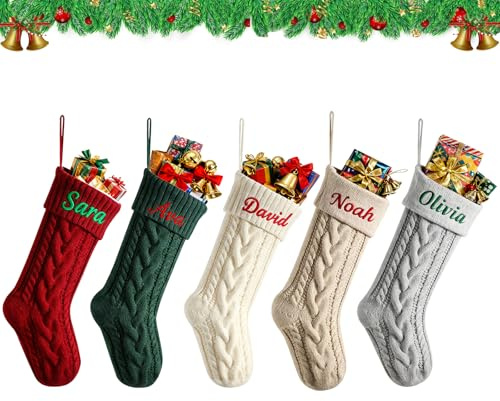 Generisch Weihnachtsstrumpf Personalisiert mit Namen Bestickt, Nikolausstrumpf Groß 46cm, Gestrickte Weihnachtssocken mit Namen zum Aufhängen, Stockings Christmas, Weihnachtsbaumschmuck, (A)