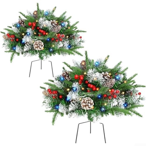 Zoegneer Arbustos de plantas artificiales iluminadas de Navidad que funcionan con pilas, luces LED de 54 cm, color verde para porche al aire libre o exhibiciones de jardín, adorno navideño para