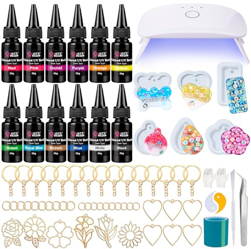 LET'S RESIN 12 Coloured UV Resin Kit with Light, Keychain Moulds, Bezels | UV Resin Jewelry Making Kit for Jewellery, Keychain, Craft Decor