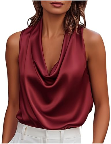Women Plunge Cowl Neck Vest Satin Silk Sleeveless Tank Tops Ladies Camisole Shirts Fashion Casual Loose Silky Cami Blouse for Evening Party Going Out Trendy Outfits Wine