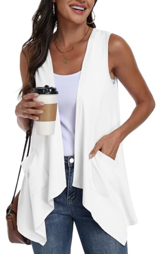 PrinStory Cárdigan de verano sin mangas para mujer, chaleco de punto ligero con bolsillos y dobladillo asimétrico, blanco, M