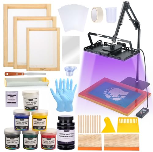 Caydo Kit di stampa serigrafica all-in-one da 54 pezzi con luce LED UV da 100 W, cornici per serigrafia in legno di 3 dimensioni, inchiostro per serigrafia a 6 colori, emulsione fotografica per