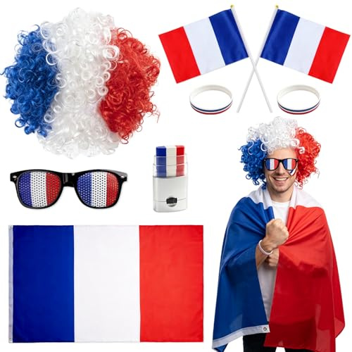 YYSWSAKY Lot de 8 articles de fan de France - Décoration de la Coupe du monde de football 2026 - Avec lunettes de soleil, stylo de maquillage, drapeau, bracelet, drapeau, perruque pour fête, stade