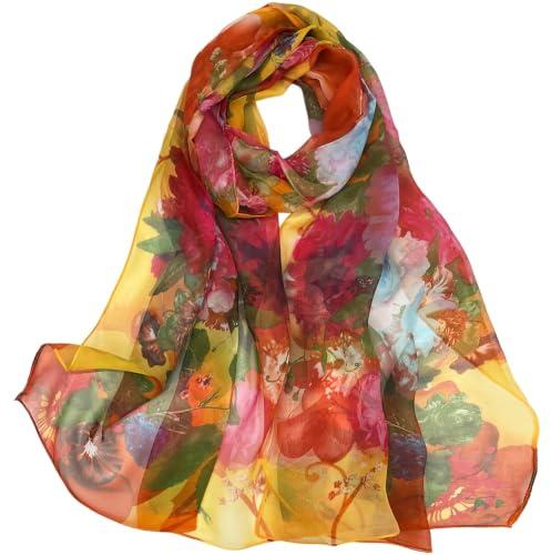 FAIRYGATE Chiffon Scarves Flower Floral Print Ladies Scarf Lightweight Scarfs for Women Elegant Neck Wrap 63 x 20 Inch (160 x 50 cm)
