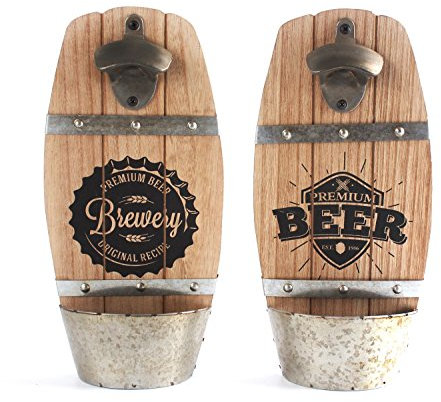 Apribottiglie in legno, da parete, a forma di barile di birra, con raccoglitore per i tappi. Accessorio da bar o casa