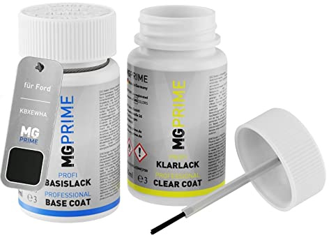 MG PRIME Lackstift für Ford KBXEWHA / PN4GM0 / U M Agate Black Pearl M. +1K | Obsidian-Schwarz Metallic / Agate Black Pearl Metallic, Autolack, Set aus Basislack + Klarlack, Lackfläschchen mit Pinsel
