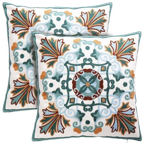 Oneslong Lot de 2 Housses de Coussin à Broder 45,7 x 45,7 cm Coton Bohème Décoration Housse de Coussin Brodée Oreiller Housse pour Canapé Chambre Salon Voiture 45,7 x 45,7 cm Design B