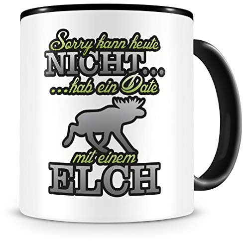 Samunshi® Elch Tasse mit Spruch Date mit Elch Geschenk für Elche Fans Kaffeepott Kaffeetasse groß Lustige Tassen zum Geburtstag schwarz 300ml
