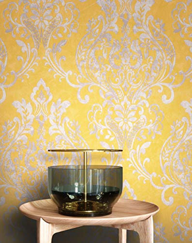NEWROOM Tapete Gelb Vliestapete Ornament - Barocktapete Barock Silber Metallic Beton-Optik Prunk Glamour Mustertapete inkl. Tapezier-Ratgeber