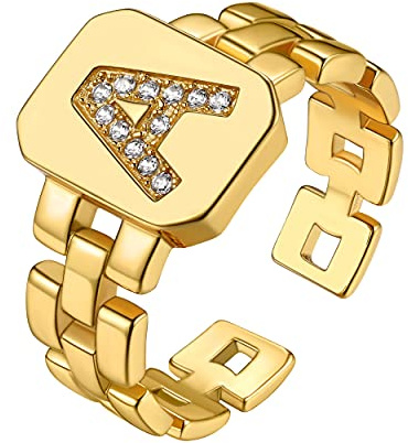 GoldChic Sello Anillo de Letra Oro A-Z Talla Ajustable Brilla Mucho, Anillo Midi Declaracion para Nudillo Mujeres Hombres Regalo Compromiso Boda Dia de Enamorados