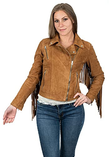 Pelletterie Borghese | Chiodo in Pelle Donna | Scamosciato Cuoio | Biker | Giubbotto Moto | Giacca in Pelle | Vera Pelle | Frangia | Made in Italy | A196F (40, Cuoio)