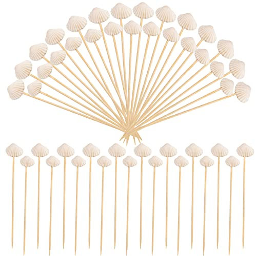 OOTSR 100 unidades de conchas blancas palillos de dientes para cóctel, bebida, aperitivos, decoraciones tropicales, para bebidas tropicales, suministros de alimentos para fiestas decorativas