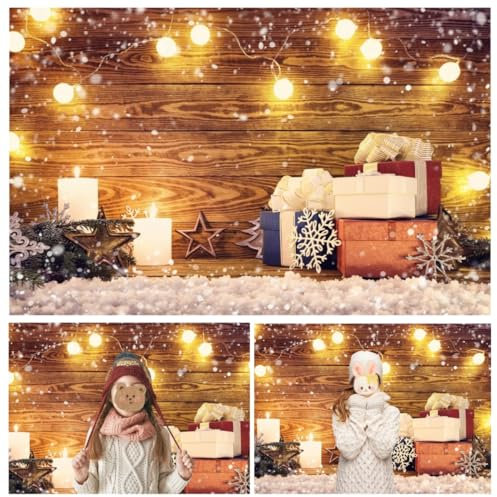 WaW 2.2x1.5m Stoff Fotografie Hintergrund Holz Weihnachten Vintage Fotohintergrund Schnee Winter für Fotostudios Silvester Newborn Baby Kinder Shooting