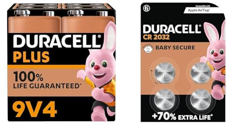 Duracell Batterie Plus 9V (pacco da 4) - Alcalina - Fino al 100% di extra durata & Batterie a moneta al litio da 3 V CR2032 (confezione da 4)
