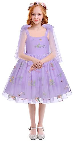 IMEKIS Vestito da damigella d'onore per bambina, senza maniche, con fiore ricamato, in tulle, elegante abito da cerimonia nuziale di compleanno, abito da ballo, Lilla, 3-4 Anni