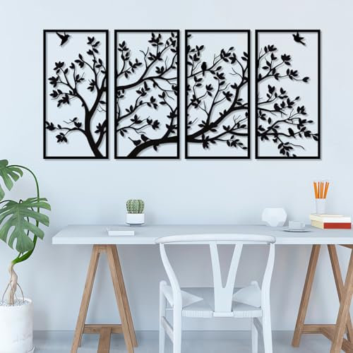 Großes Metall Baum von Leben Wand Kunst,4 Stück Metall Wanddekoration für Schlafzimmer, Wohnzimmer,(Schwar,30 cm x 60 cm)
